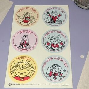 Vtg 80s CAthy Cathy Guisewite stickers on sheet page quantity 6 round Retro Y2k